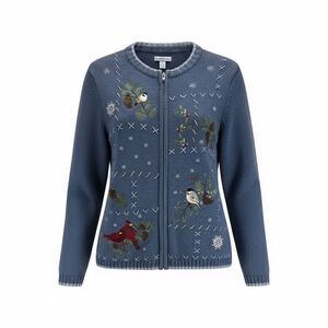Blue Knit Holiday Cardigan PL Embroidered Winter Birds Cardinals Pinecones Zip
